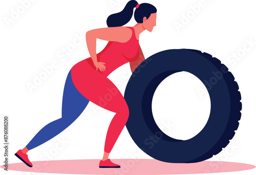 Illustration of a woman pushing a large tire as part of her exercise routine.