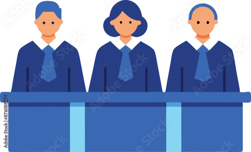 Three judges in blue robes sitting at a bench in a courtroom, illustrating the judicial system and legal proceedings.