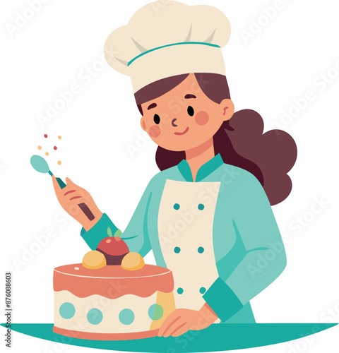 Illustration of a female chef decorating a cake.