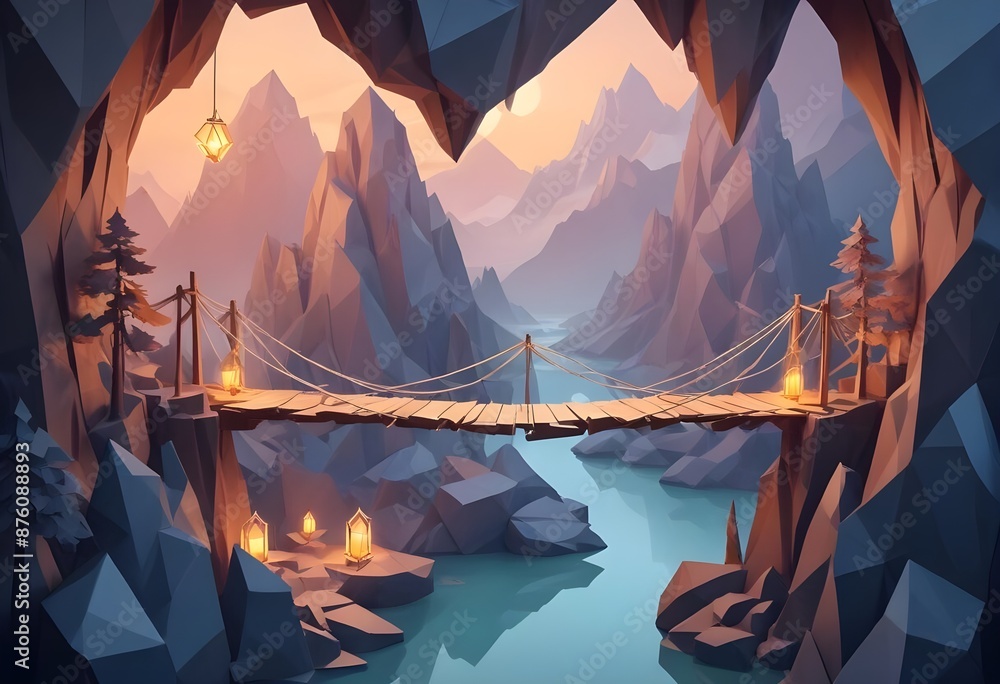 Isolated wood and ropes bridges in the mist between rocks in the ...