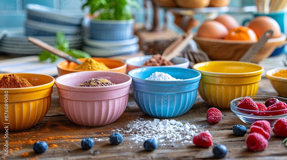 Colorful Baking Ingredients in Bowls on Wooden Table with Fresh Berries and Kitchen Utensils in Background Colorful Baking Ingredients in Bowls on Wooden Table with Fresh Berries and Kitchen Utensils in Background