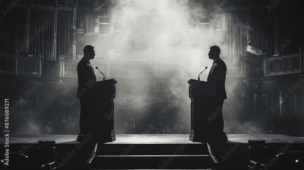 Fototapeta premium Two Politicians Engaging in a Debate on Stage with Dramatic Lighting and Smoke Effects in a Historic Auditorium