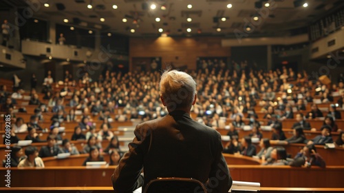 Distinguished Speaker Addressing a Full Auditorium at a University Lecture Hall