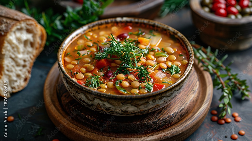 Hearty Lentil Soup with Fresh Herbs and Vegetables in Rustic Bowl on Wooden Table Hearty Lentil Soup with Fresh Herbs and Vegetables in Rustic Bowl on Wooden Table