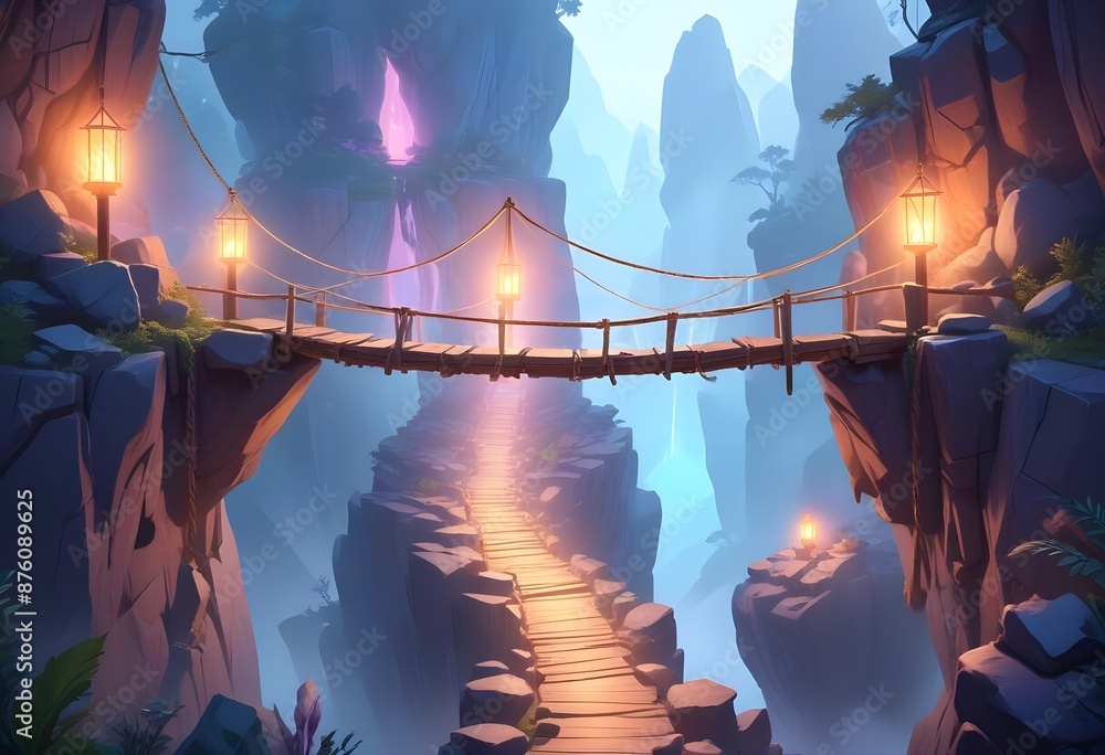 Isolated wood and ropes bridges in the mist between rocks in the ...