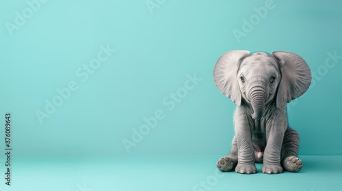 A happy Elephant Calf puppy sitting on a solid mint blue background with space above for text, illustration background