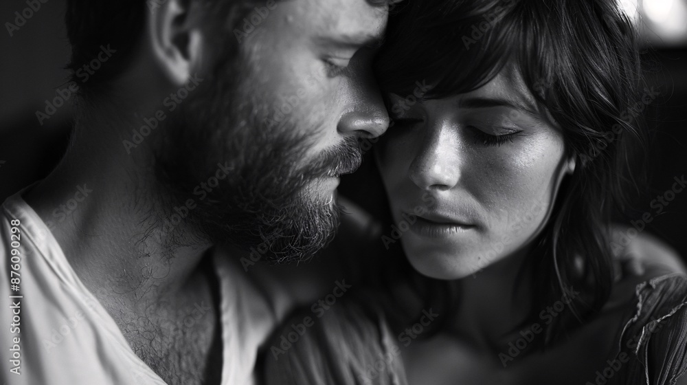 Fototapeta premium Intimate Black and White Portrait of a Couple Embracing in a Tender Moment