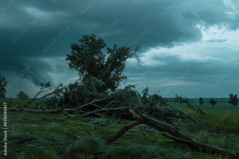 Several trees have been broken and lie on the ground under a dark, menacing sky, creating a dramatic scene that emphasizes the impact of severe weather in the open field Several trees have been broken and lie on the ground under a dark, menacing sky, creating a dramatic scene that emphasizes the impact of severe weather in the open field