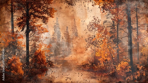 Autumn Forest Landscape with Vibrant Foliage and Misty Atmosphere in Warm Tones