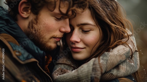 Romantic Close-Up of a Young Couple Embracing Outdoors in Winter with Snowflakes in Their Hair