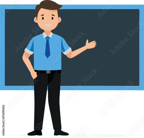 A professional male teacher standing confidently in front of a blackboard, ready to teach a class. He is dressed in formal attire, wearing a blue shirt and black pants, pointing towards the board. 
