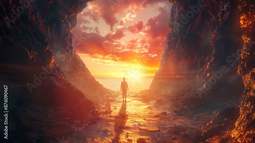 Generate a cinematicstyle illustration of a spiritual journey with large copy space photo