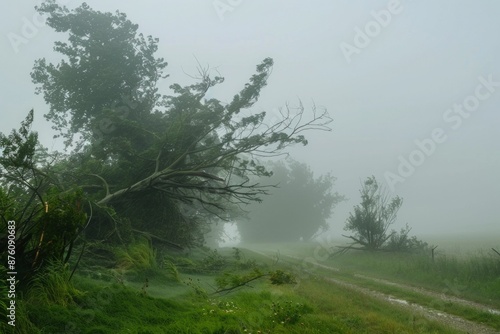 Several trees lean and lie across a foggy rural road after a severe storm, with the misty atmosphere enhancing the sense of calm and devastation left behind photo