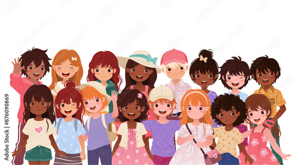Horizontal Banner with Group of Multiracial Kids in various casual clothes. Funny boys and girls standing together. Vector illustrations on White Background for Back to School and Educational Designs. Horizontal Banner with Group of Multiracial Kids in various casual clothes. Funny boys and girls standing together. Vector illustrations on White Background for Back to School and Educational Designs.