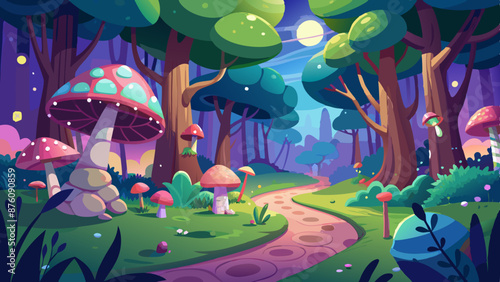  A whimsical forest cartoon background with tall, enchanted trees, glowing mushrooms, and a winding path vector illustration 