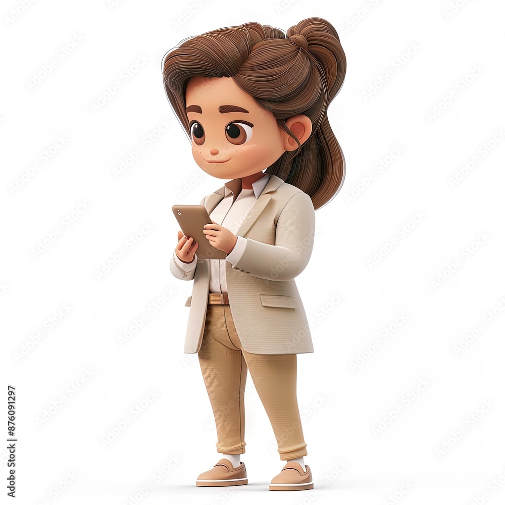 A 3D cartoon character of a professional lady wearing a beige blazer, white shirt, and tan pants. She has long, wavy hair and looks confident while holding a smartphone. A 3D cartoon character of a professional lady wearing a beige blazer, white shirt, and tan pants. She has long, wavy hair and looks confident while holding a smartphone.