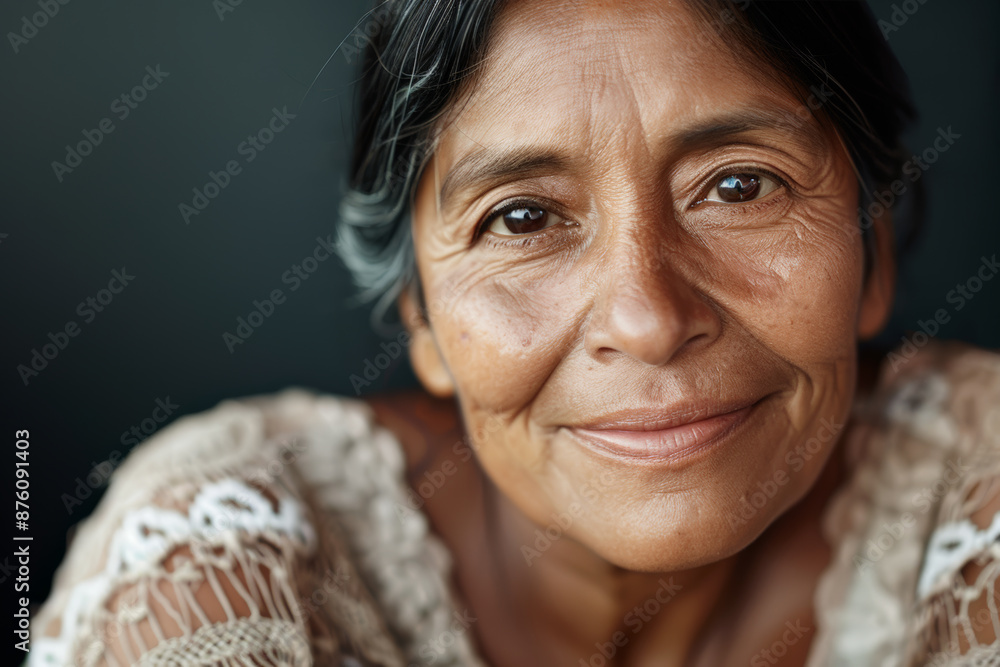 Close-up portrait of a middle aged woman of Latin descent, studio photo, against a sleek gray studio backdrop Close-up portrait of a middle aged woman of Latin descent, studio photo, against a sleek gray studio backdrop
