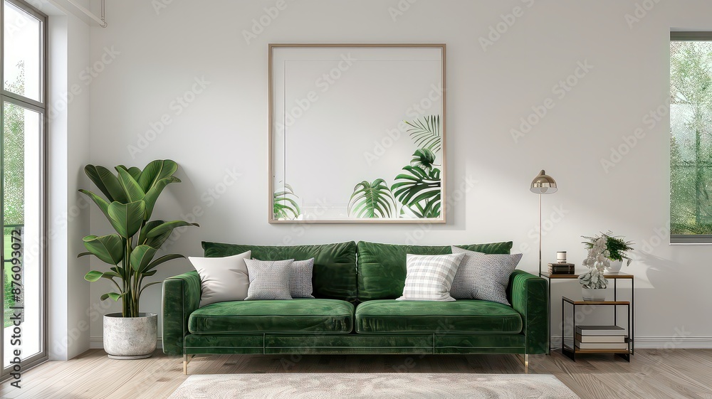 A modern living room featuring a green sofa, complemented by botanical wall art and green decor elements. The design is cohesive with various shades of green, creating a fresh and stylish look. A modern living room featuring a green sofa, complemented by botanical wall art and green decor elements. The design is cohesive with various shades of green, creating a fresh and stylish look.