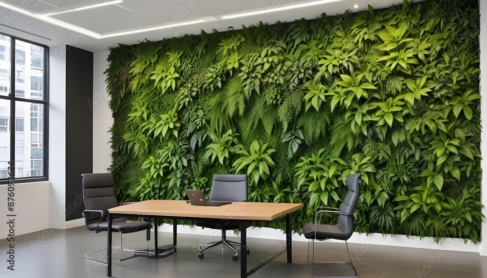 Fototapeta premium Lush green living leaves wall in modern office 