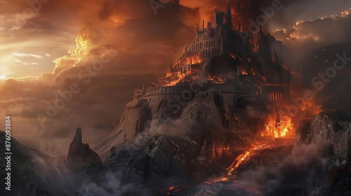 Fiery castle on a volcanic mountain with a dramatic sunset