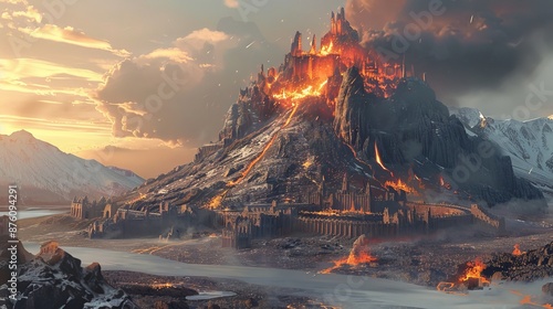 Fiery castle on a volcanic mountain with a dramatic sunset