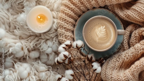 Cozy Winter Morning with Coffee and Candle photo