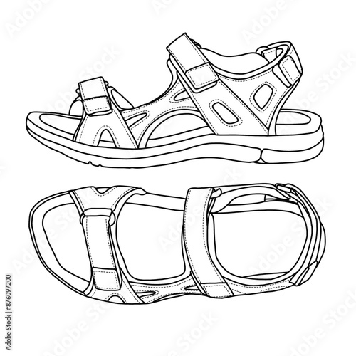 Women's Pace comfort footbed outdoor sandal with adjustable straps Line art, Technical sketch hand drawing outline vector doodle illustration isolated on white background