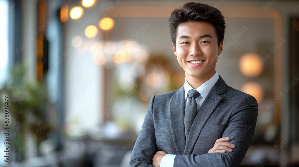 Smiling Young Asian Businessman in Gray Suit with Arms Crossed in Modern Office
Smiling Young Asian Businessman in Gray Suit with Arms Crossed in Modern Office