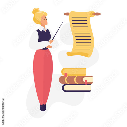 Female character teaching, standing with pointer near stack of books and scroll vector illustration photo