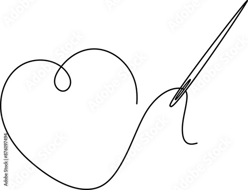 Line sewing needle with thread in heart shape. Love sewing and embroidery	