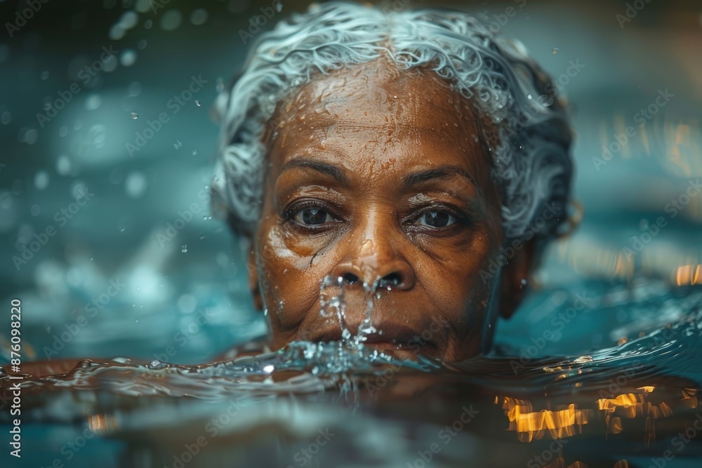 An elderly woman swims in a pool with a look of determination on her face, surrounded by splashing water, capturing the essence of resilience and vitality.