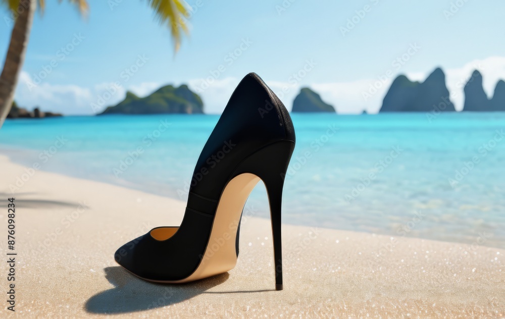 Black high heeled shoes on the beach Black high heeled shoes on the beach