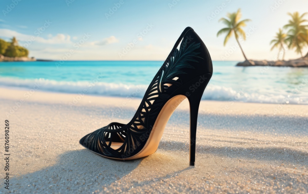Black high heeled shoes on the beach Black high heeled shoes on the beach