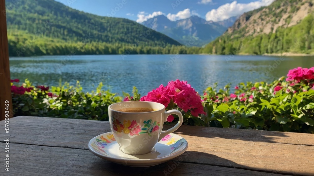 Serene Lakeside Coffee Moment Serene Lakeside Coffee Moment