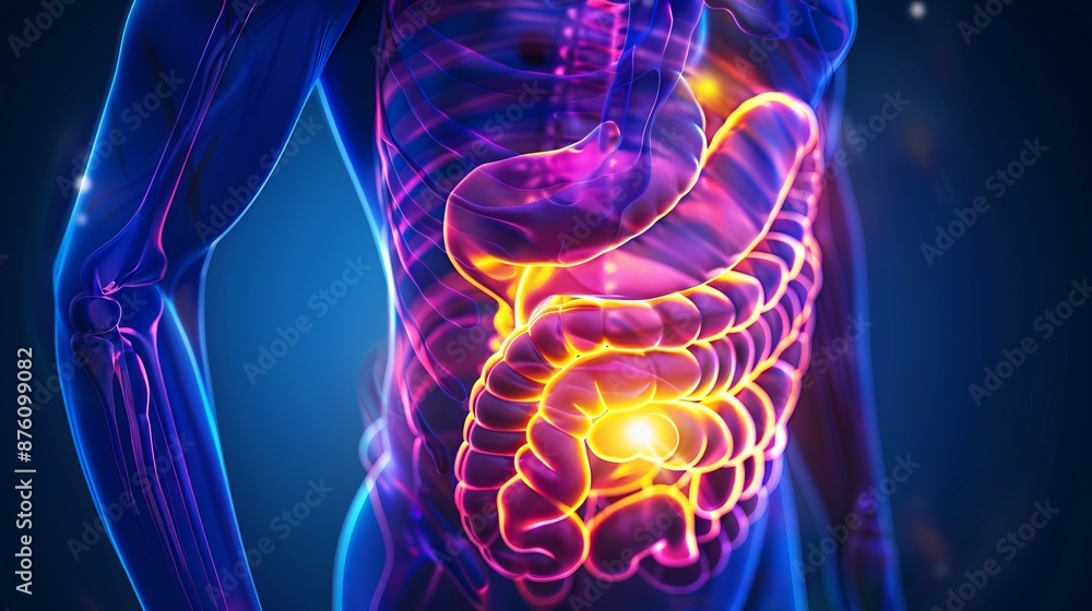 Glowing anatomical illustration of human digestive system in orange and yellow hues Glowing anatomical illustration of human digestive system in orange and yellow hues