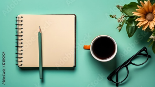 A cup of coffee sits on a green table next to a notebook.