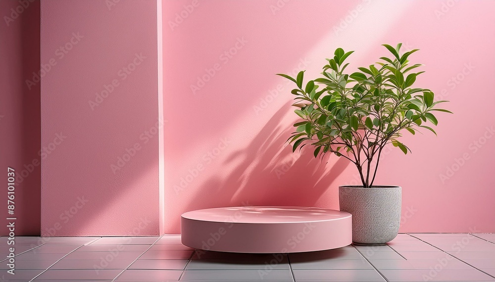 A pink wall with a plant in a pot and a round pedestal A pink wall with a plant in a pot and a round pedestal