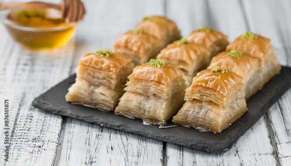 baklava with honey on the table. Selective focus baklava with honey on the table. Selective focus