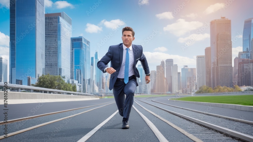 Businessman Running on Urban Street Businessman Running on Urban Street