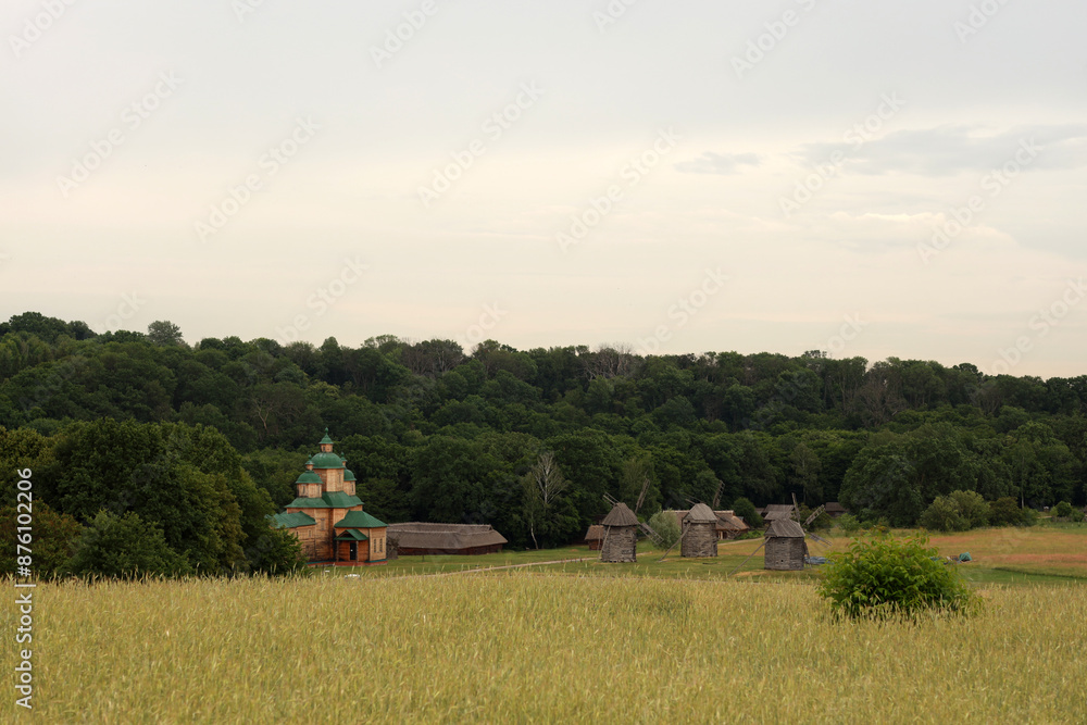 Obraz premium The countryside summer landscape with grass and houses