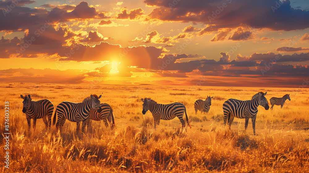 Fototapeta premium Zebras in the African savanna against the backdrop of beautiful sunset. Serengeti National Park. Tanzania. Africa