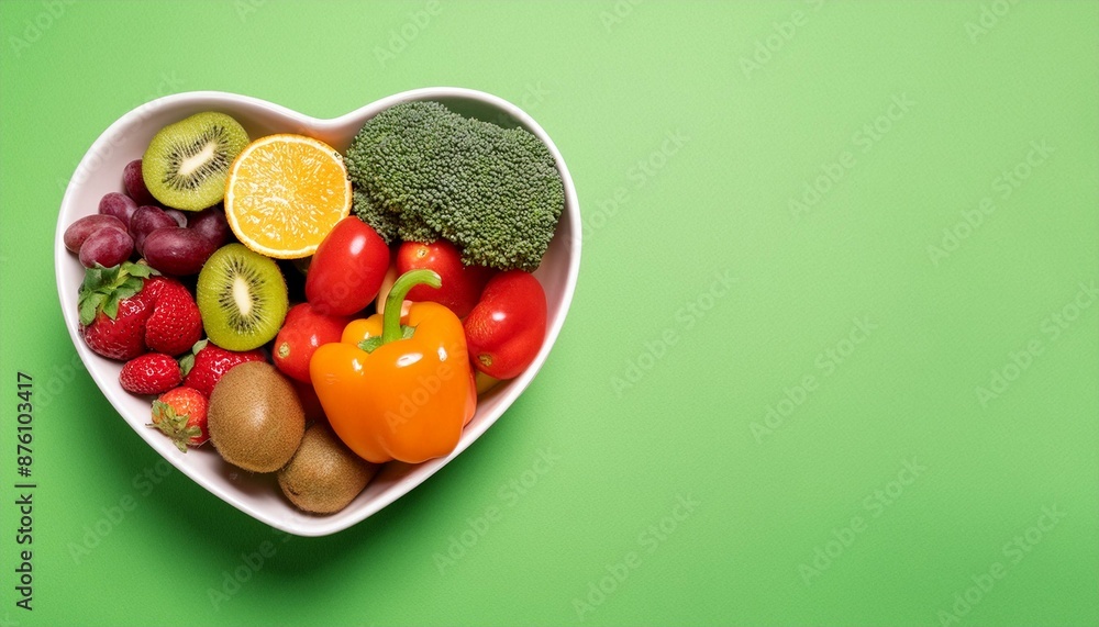 Colorful Fruit and Vegetable Heart Shaped Bowl on Green Background Colorful Fruit and Vegetable Heart Shaped Bowl on Green Background
