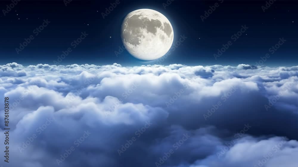 A bright full moon peeks through wispy clouds in a dark blue night sky A bright full moon peeks through wispy clouds in a dark blue night sky