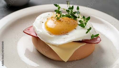 Delicious egg breakfast with perfectly cooked yolk on a bun, garnished with herbs, ham, and melted cheese. Savory and appetizing meal. 