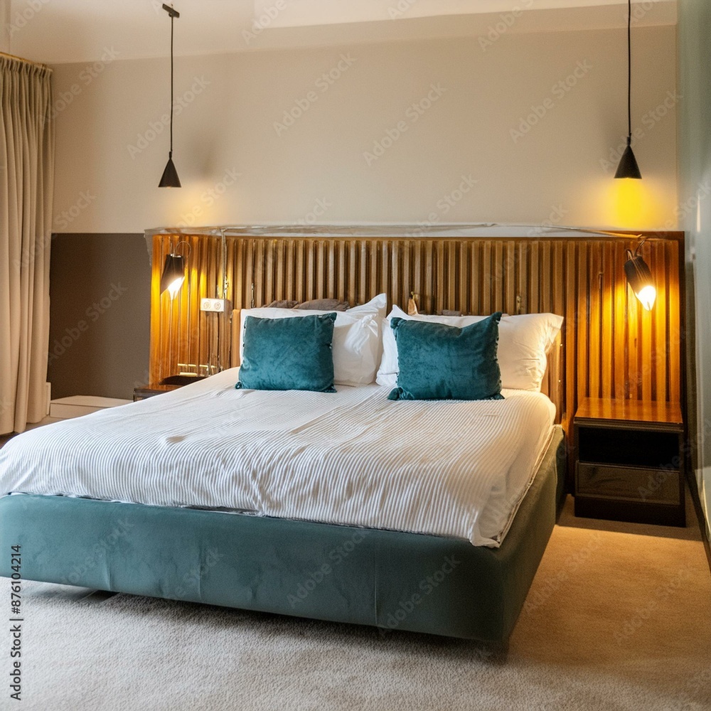 Elegant room interior with large comfortable bed Elegant room interior with large comfortable bed