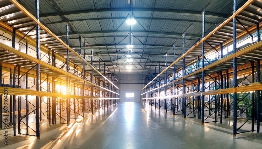 Empty warehouse with shelves and bright lights. Empty warehouse with shelves and bright lights.
