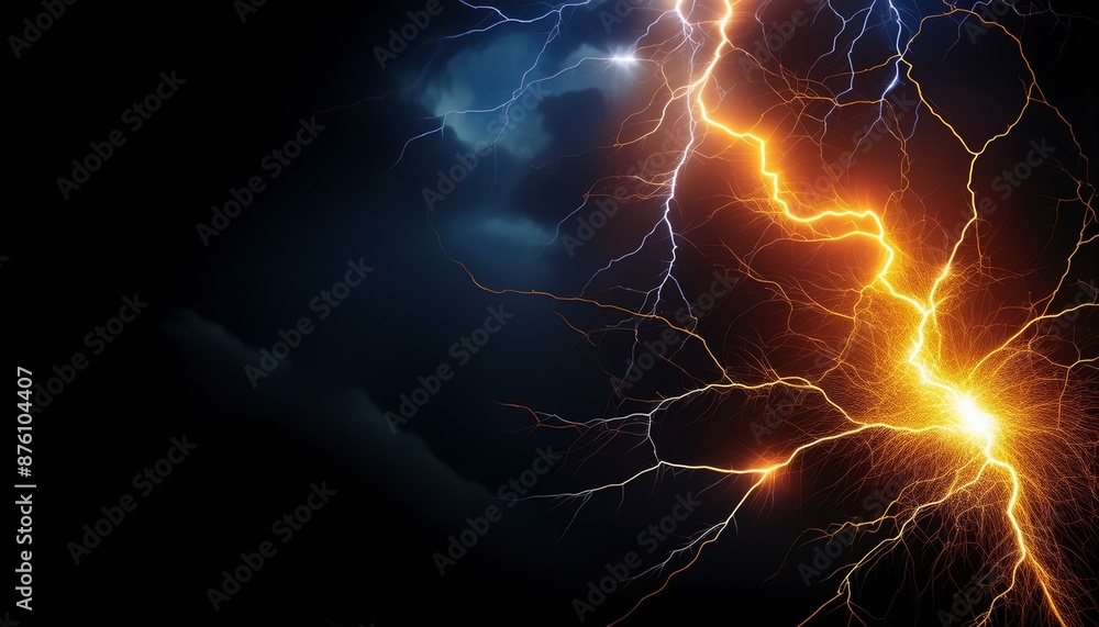 Obraz premium Flash of lightning on dark background, banner design. Thunderstorm 