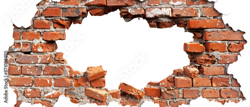 Destruction cracked hole brick wall in stone wall. Close up various a broken hole textured pieces, explosion, cracked brick wall, bullet hole, isolated on background