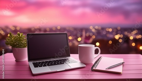 laptop, a white mug and notepad on the desk, pink co tonight in the background  photo