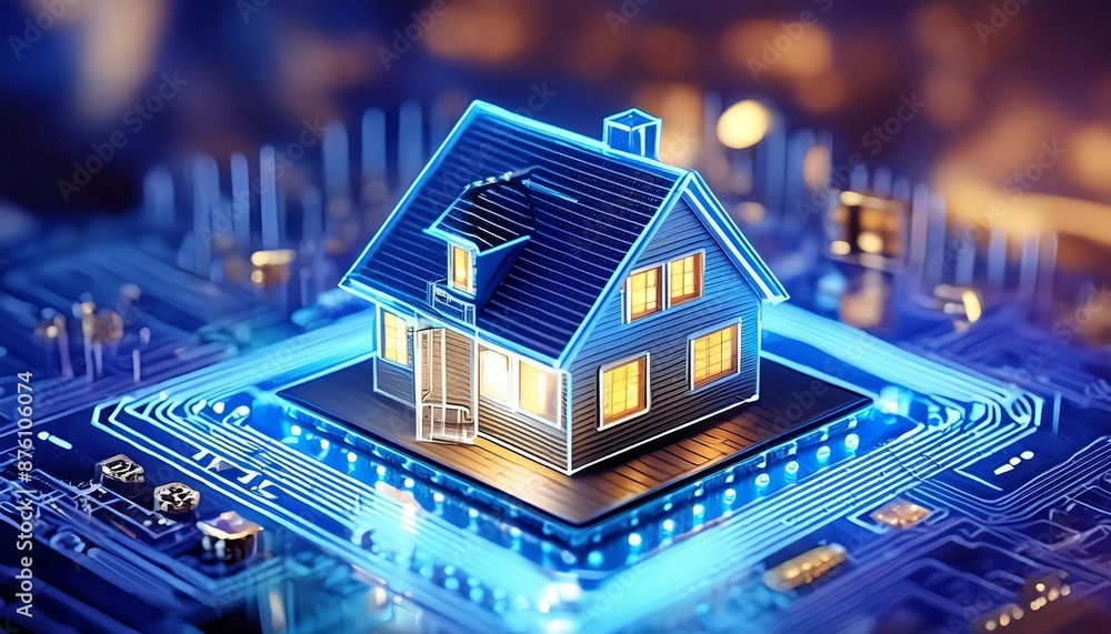 Miniature house on a computer chip, representing smart home technology and digital connectivity in a futuristic setting. Miniature house on a computer chip, representing smart home technology and digital connectivity in a futuristic setting.